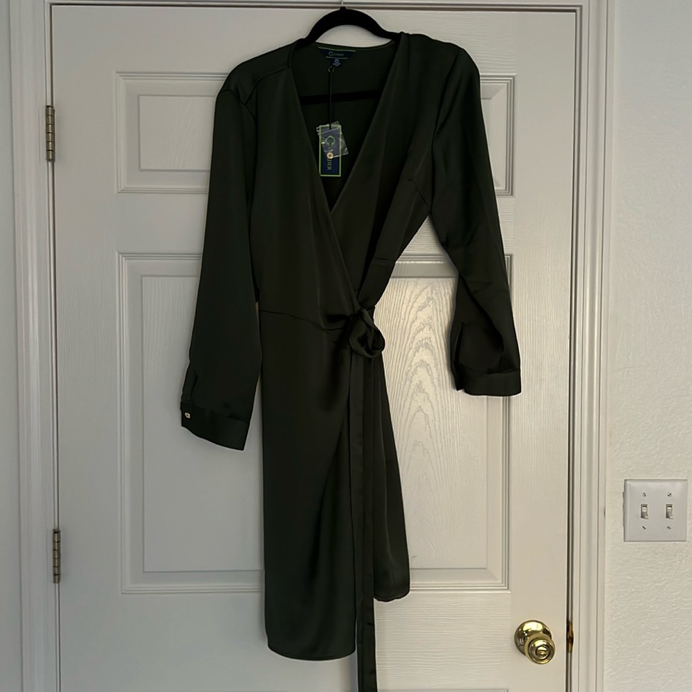 Dark green satin wrap dress